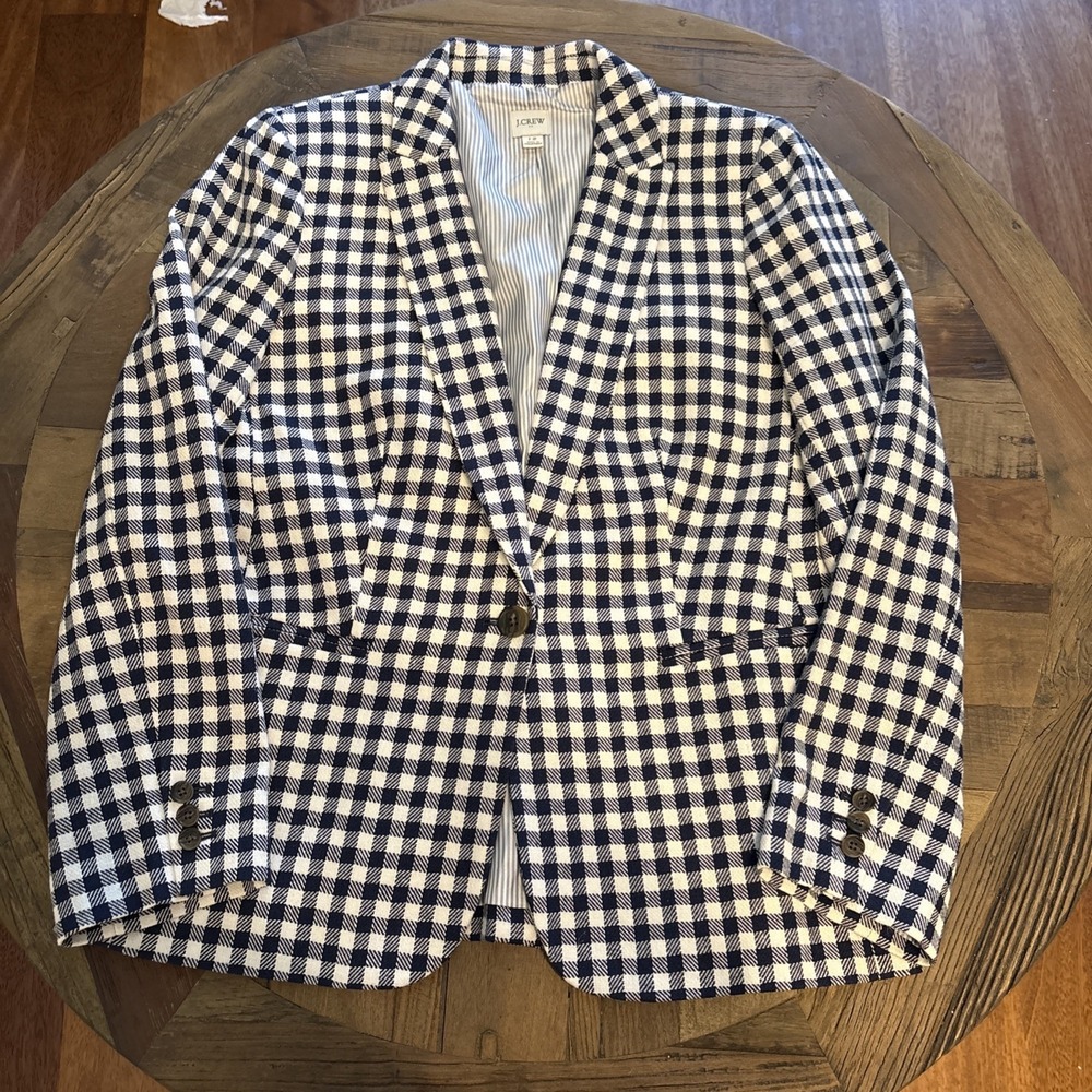 J.Crew Holland Blazer Navy White Gingham Linen Cotton Jacket Womens Size 12 EUC
